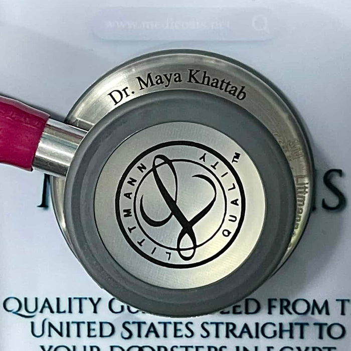Engraving sample for 3M™ Littmann® Classic III™ Stethoscope - Raspberry tube &amp; Silver chest piece 5648