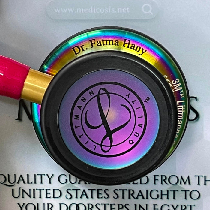 Engraving sample for 3M™ Littmann® Classic III™ Stethoscope - Raspberry tube & Rainbow finish chest piece 5806