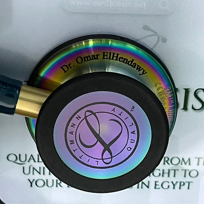 Engraving sample for 3M™ Littmann® Classic III™ Stethoscope - Caribbean blue tube & Rainbow finish chest piece 5807