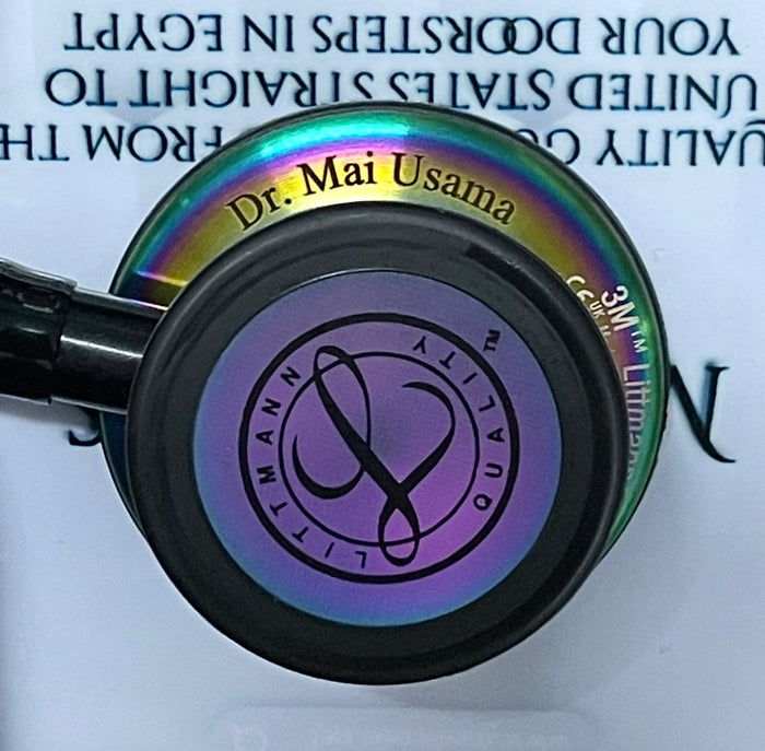 Engraving sample for 3M™ Littmann® Classic III™ Stethoscope  - Black tube &amp; Rainbow finish chest piece 5870